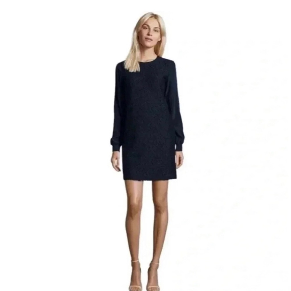 NWT Vince Navy Blue Lace Overlay Long Sleeve Silk Shift Dress Size S